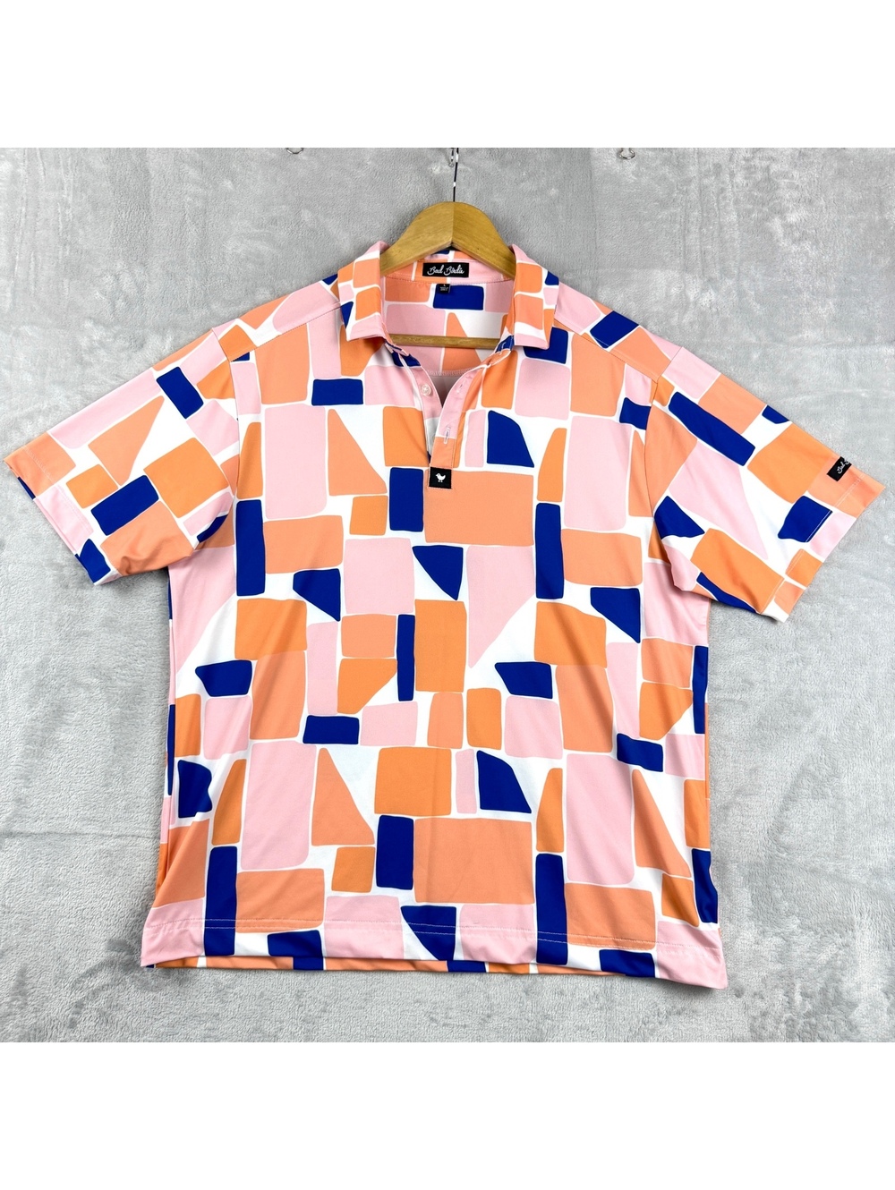 Bad Birdie Men’s L Golf Polo Shirt Orange Geometric All Over Print Performance